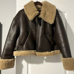 Zara brown faux leather brown jacket with Sherpa lining in size M
